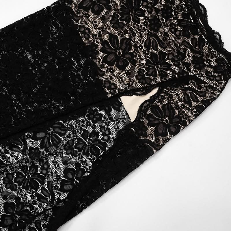 High neck long sleeve self tie lace slit maxi skirt set