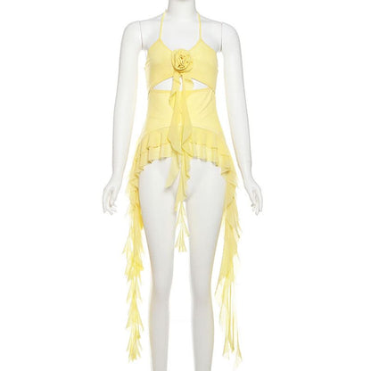 Halter mesh flower applique hollow out ruffle cut out top