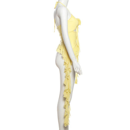 Halter mesh flower applique hollow out ruffle cut out top