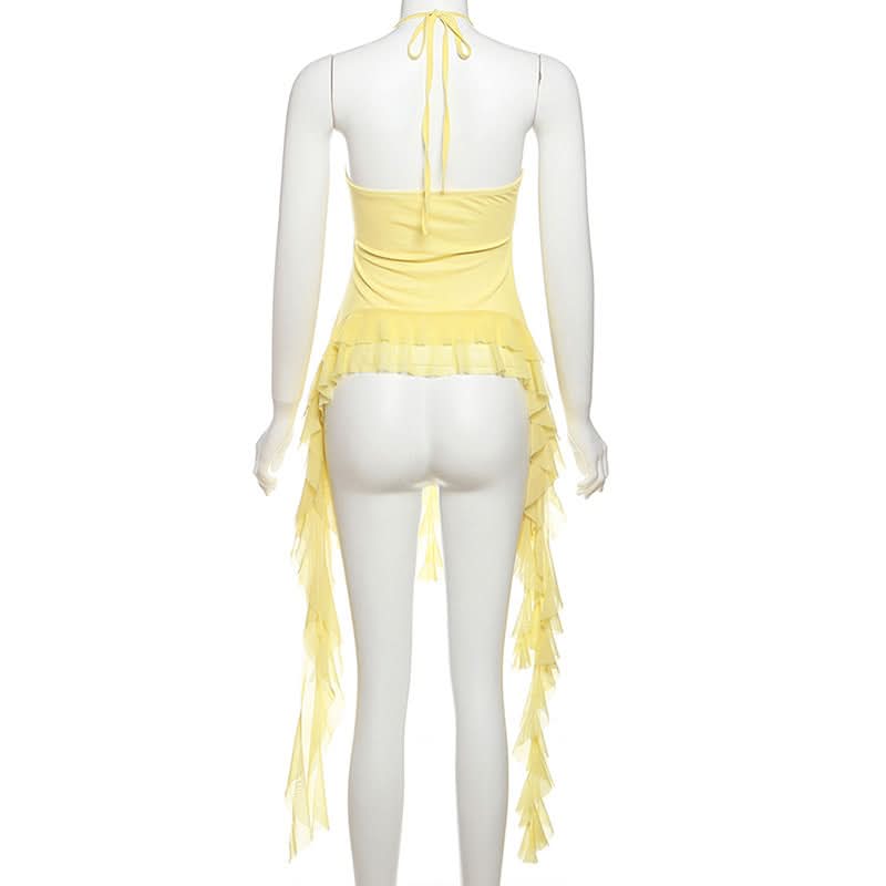 Halter mesh flower applique hollow out ruffle cut out top