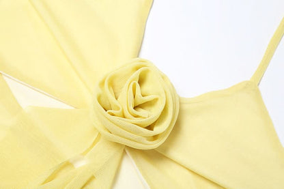 Halter mesh flower applique hollow out ruffle cut out top