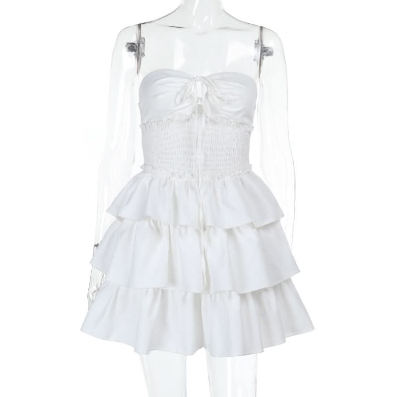 Smocked ruffle self tie mini dress
