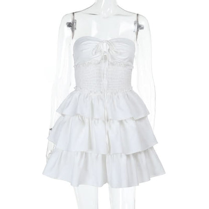 Smocked ruffle self tie mini dress