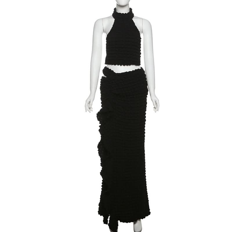 Halter waffle backless maxi skirt set