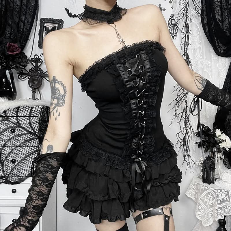 Ruffle halter lace up lace tube top