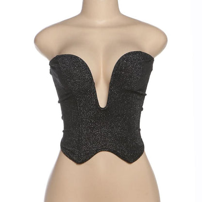 V neck glitter lace up tube top