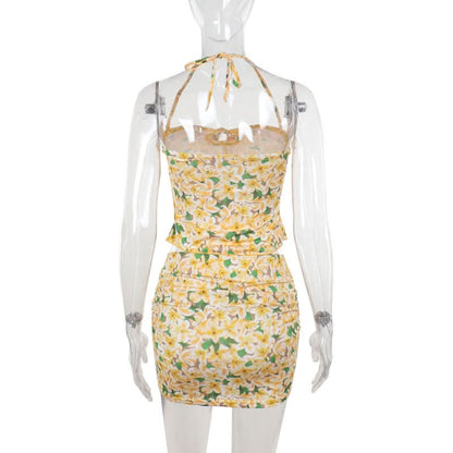 Halter flower print ruched mini skirt set