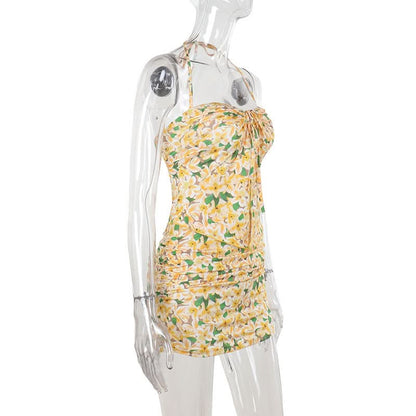 Halter flower print ruched mini skirt set