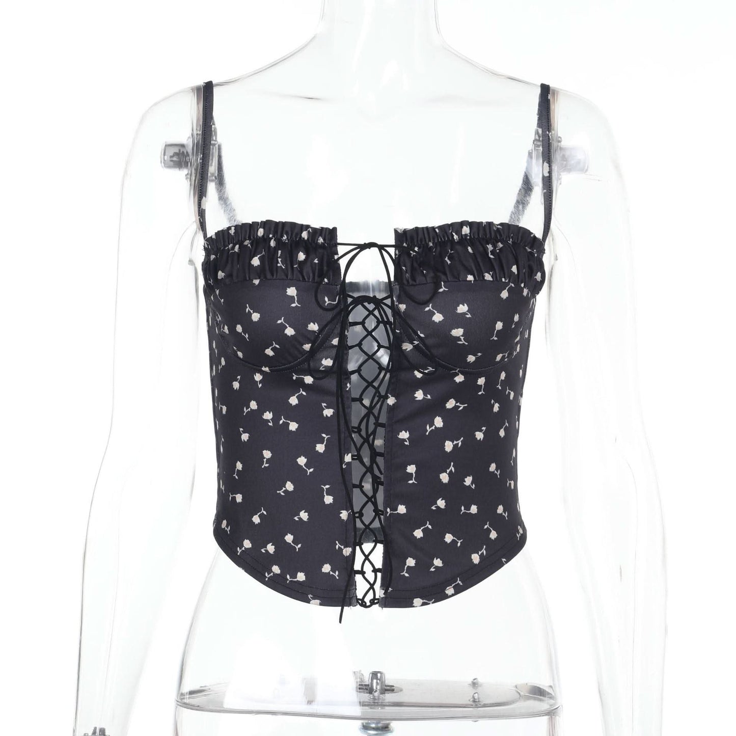 Flower print ruched lace up cami top