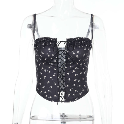 Flower print ruched lace up cami top