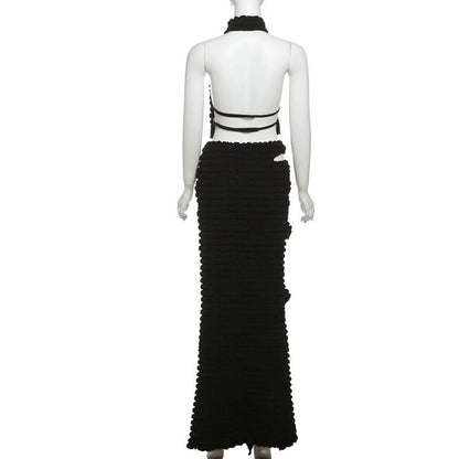 Halter waffle backless maxi skirt set