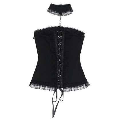 Ruffle halter lace up lace tube top
