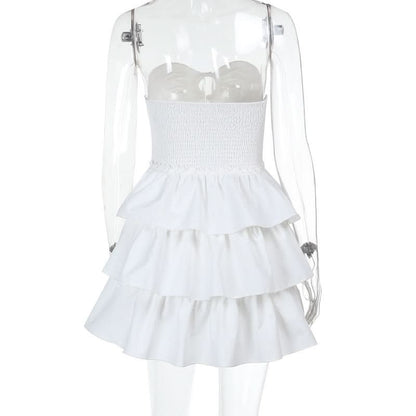 Smocked ruffle self tie mini dress
