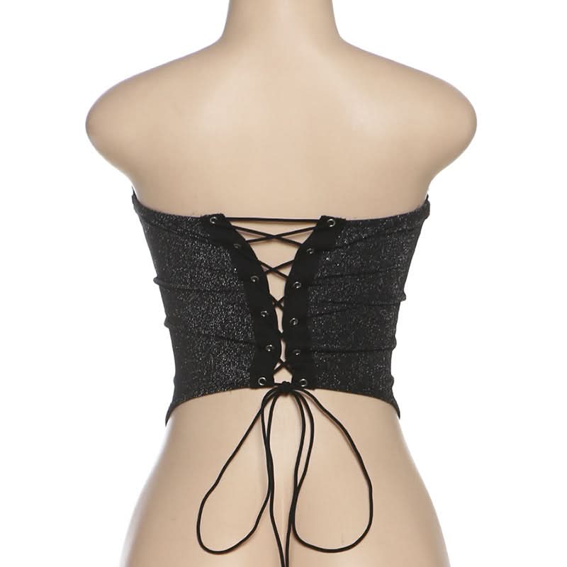 V neck glitter lace up tube top