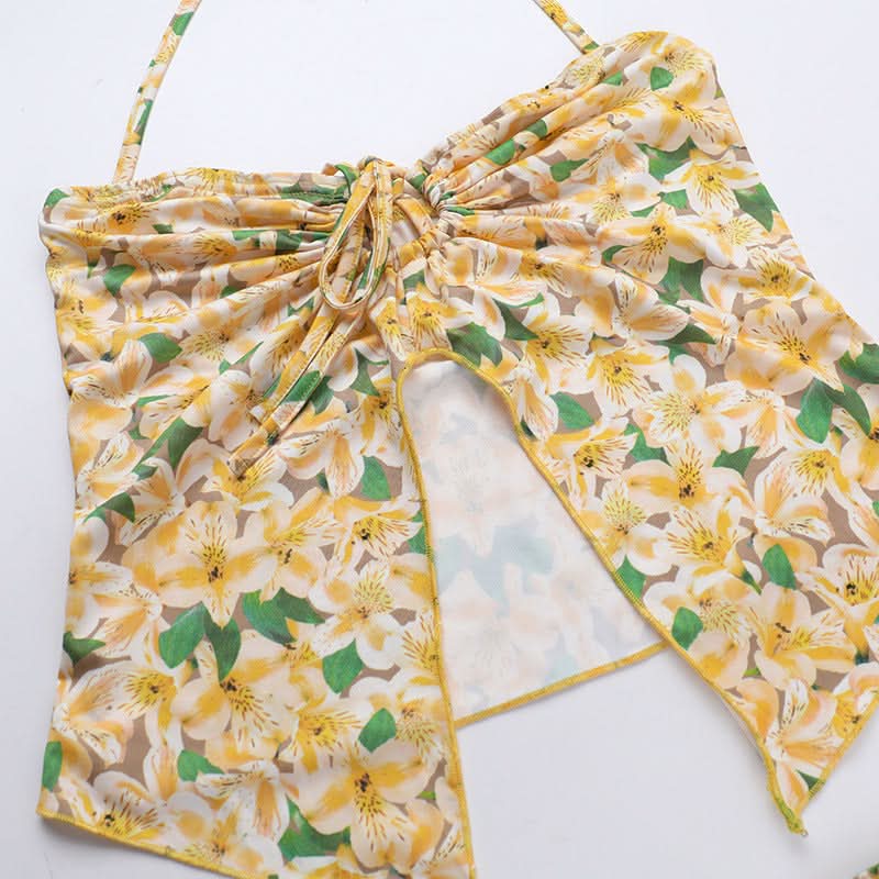 Halter flower print ruched mini skirt set