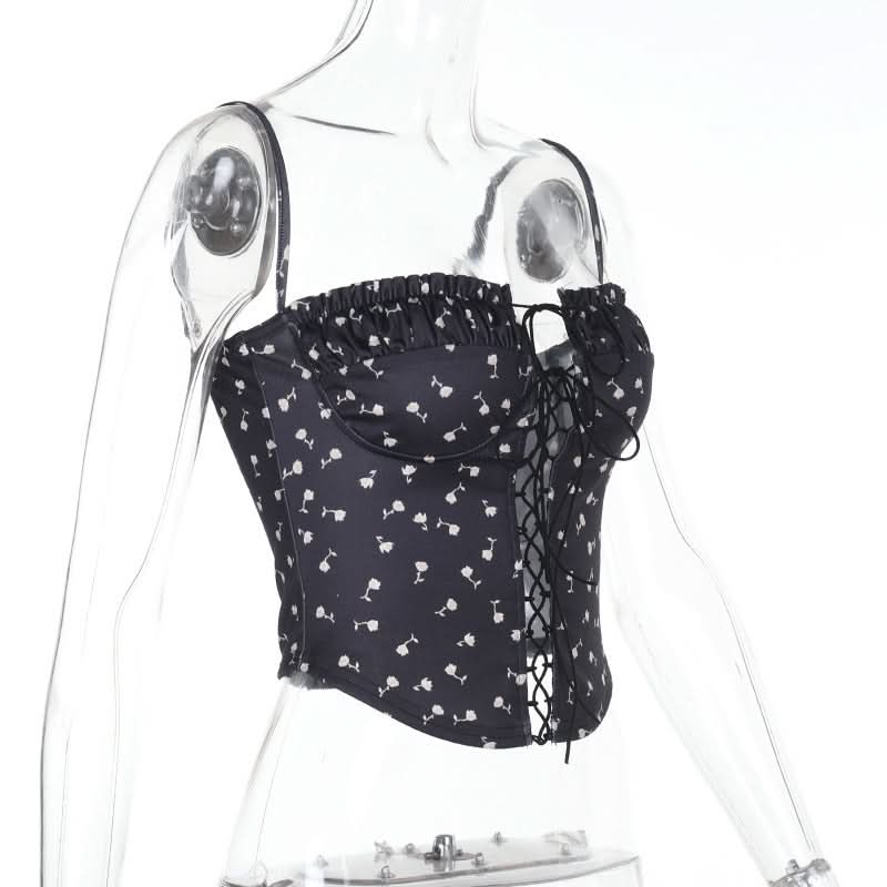 Flower print ruched lace up cami top