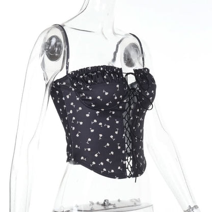 Flower print ruched lace up cami top