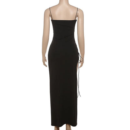 Spaghetti strap high slit lace up cami maxi dress