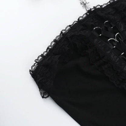Ruffle halter lace up lace tube top
