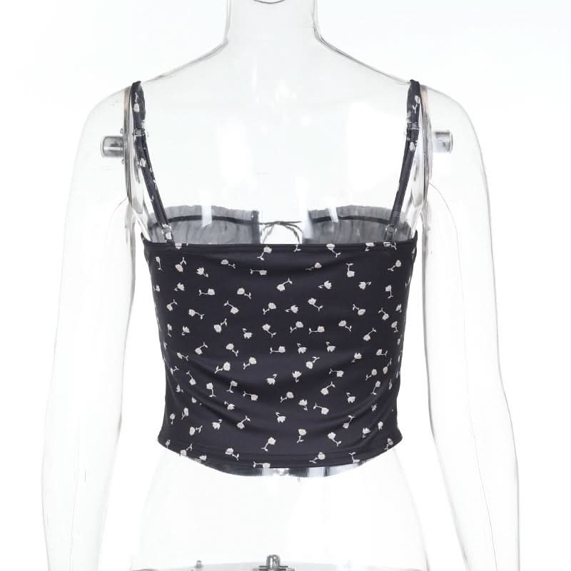 Flower print ruched lace up cami top