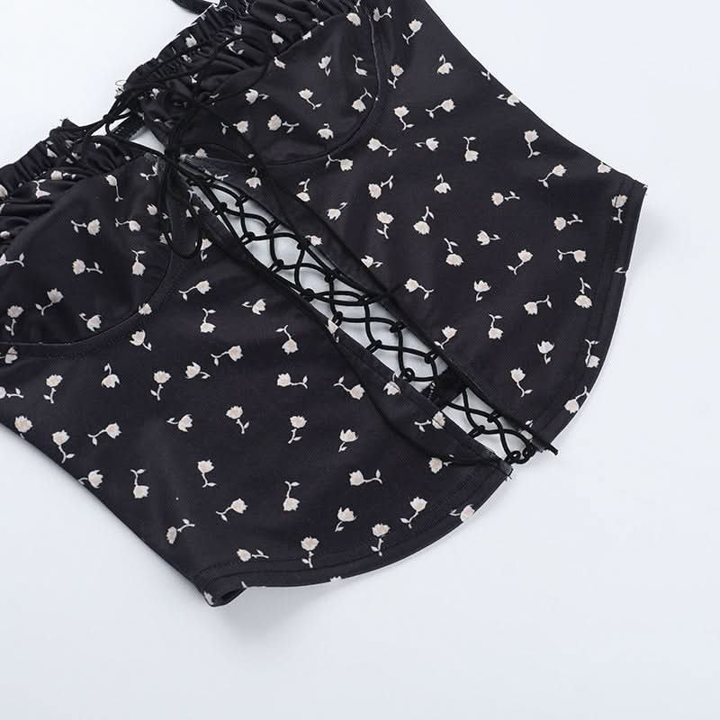 Flower print ruched lace up cami top