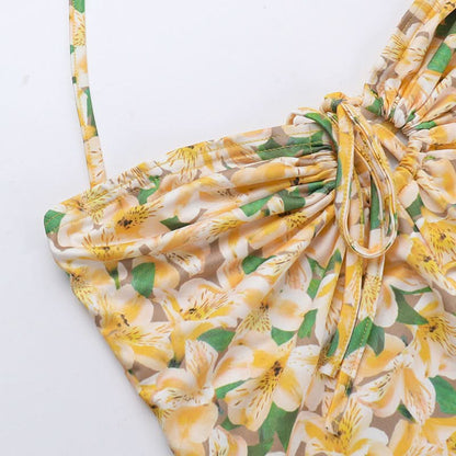 Halter flower print ruched mini skirt set