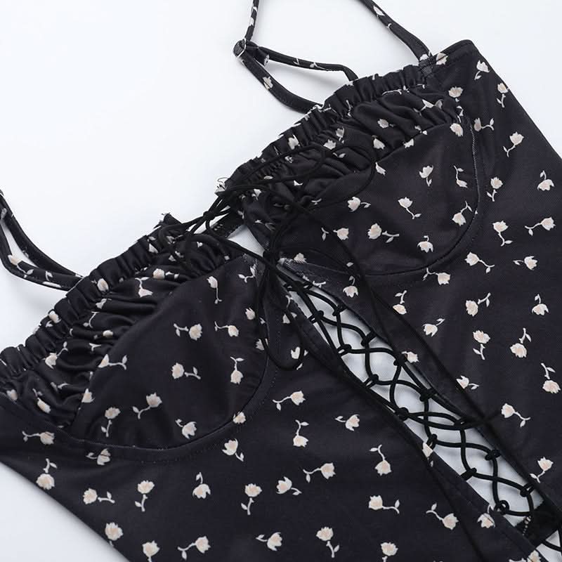 Flower print ruched lace up cami top