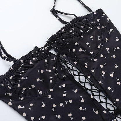 Flower print ruched lace up cami top