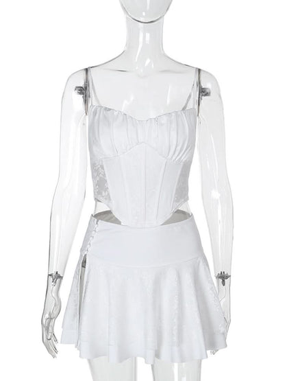 Corset lace button slit cami mini skirt set