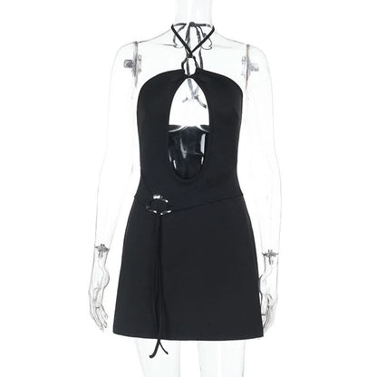 Halter metal ring hollow out cut out mini dress
