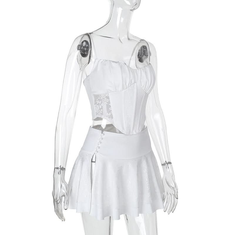 Corset lace button slit cami mini skirt set