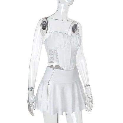 Corset lace button slit cami mini skirt set