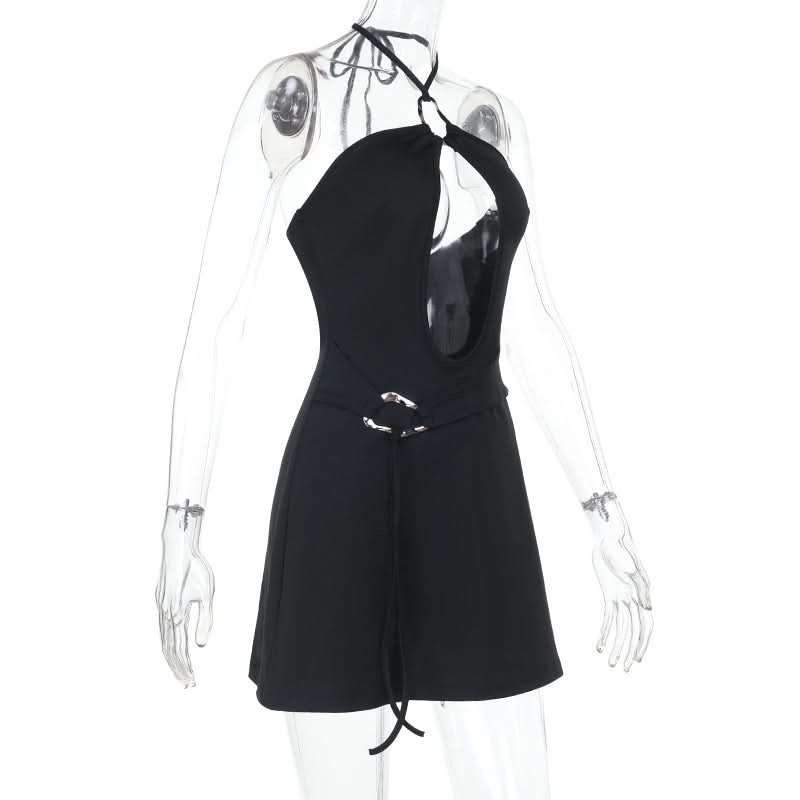 Halter metal ring hollow out cut out mini dress
