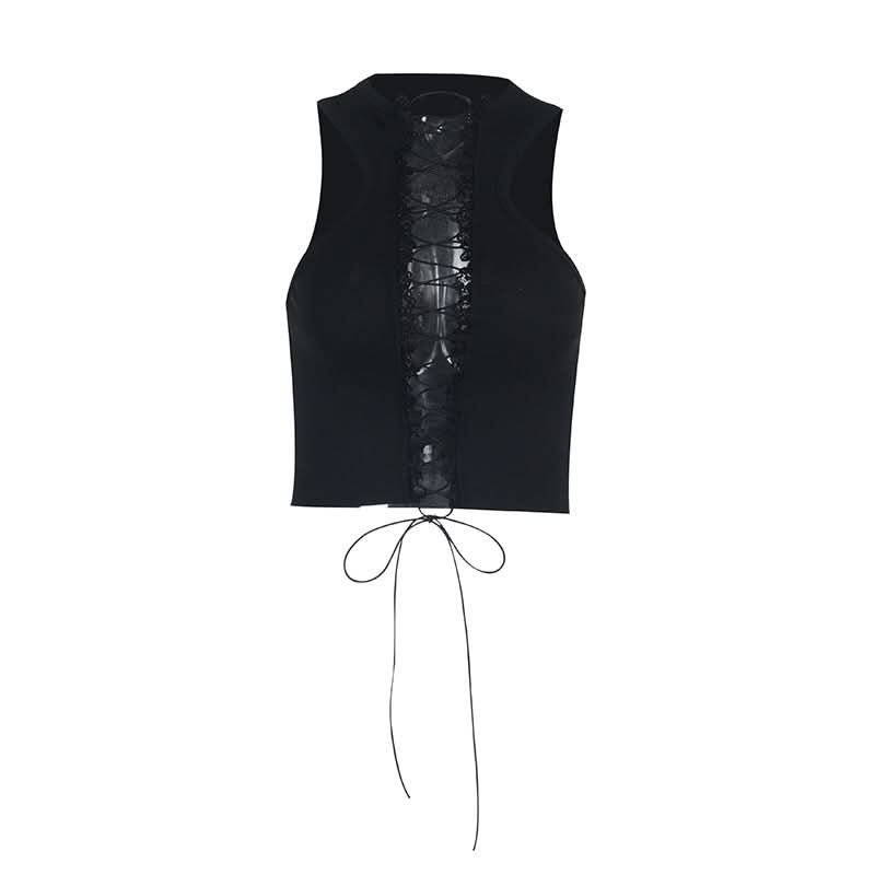 Lace up hollow out ruffle solid crop cut out top