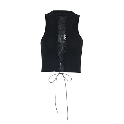 Lace up hollow out ruffle solid crop cut out top
