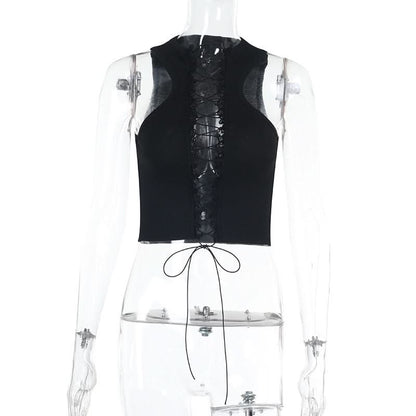 Lace up hollow out ruffle solid crop cut out top