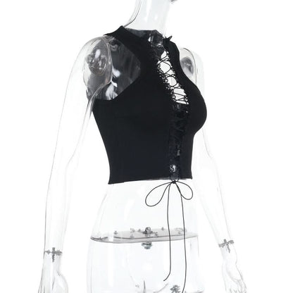 Lace up hollow out ruffle solid crop cut out top