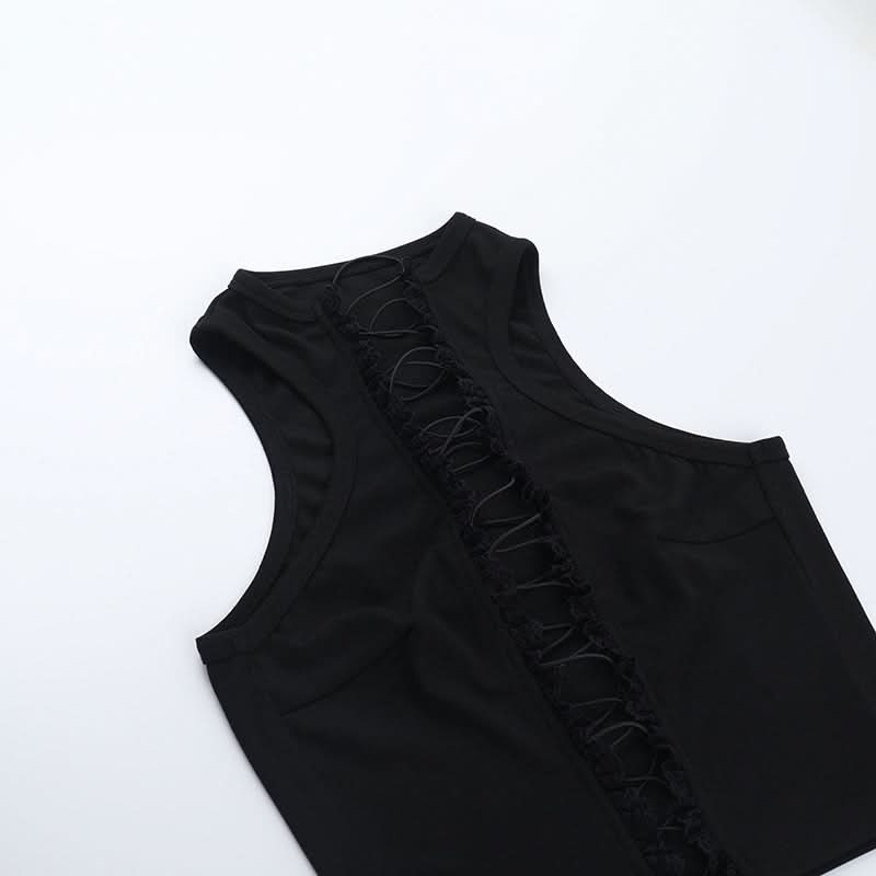Lace up hollow out ruffle solid crop cut out top