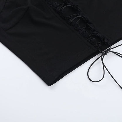 Lace up hollow out ruffle solid crop cut out top