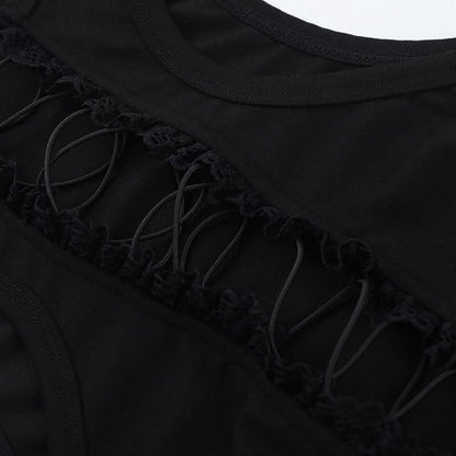 Lace up hollow out ruffle solid crop cut out top