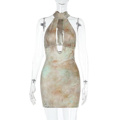 Halter self tie hollow out print beaded cut out mini dress