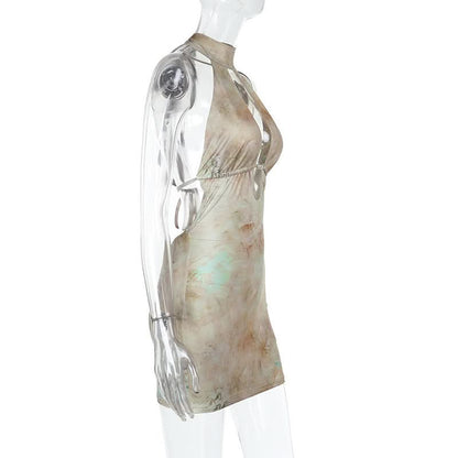 Halter self tie hollow out print beaded cut out mini dress