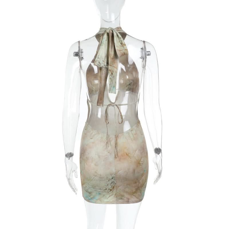 Halter self tie hollow out print beaded cut out mini dress