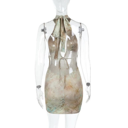 Halter self tie hollow out print beaded cut out mini dress