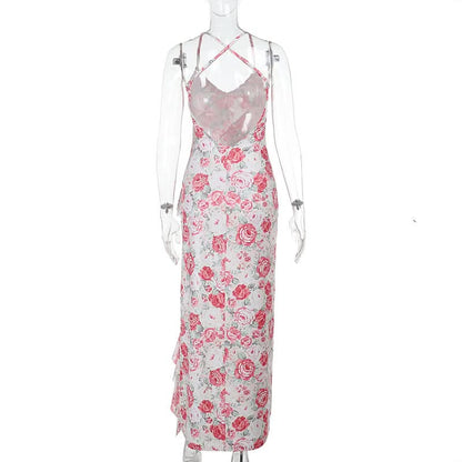 Cross back v neck slit ruffle flower print maxi dress