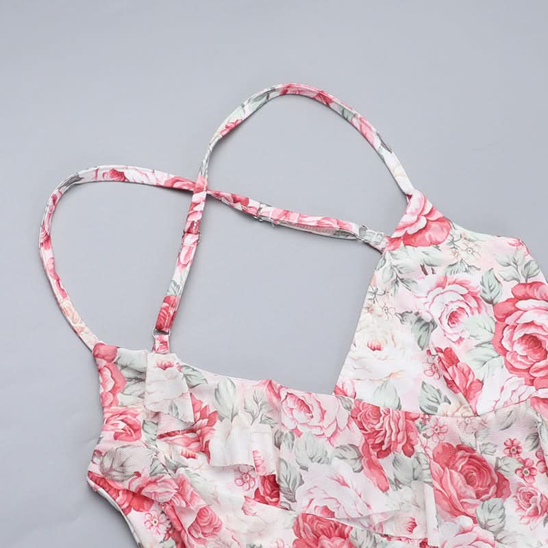 Cross back v neck slit ruffle flower print maxi dress