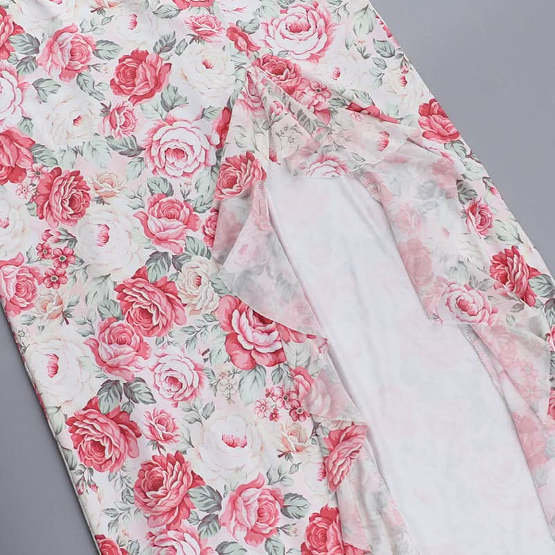 Cross back v neck slit ruffle flower print maxi dress