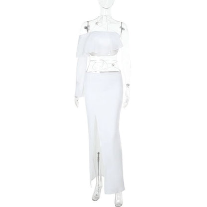 Long sleeve irregular slit halter maxi skirt set