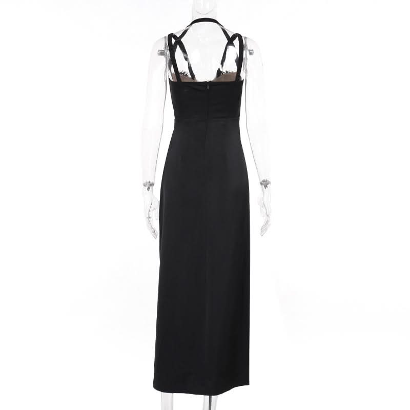 Slit zip-up lace ruched halter backless midi dress