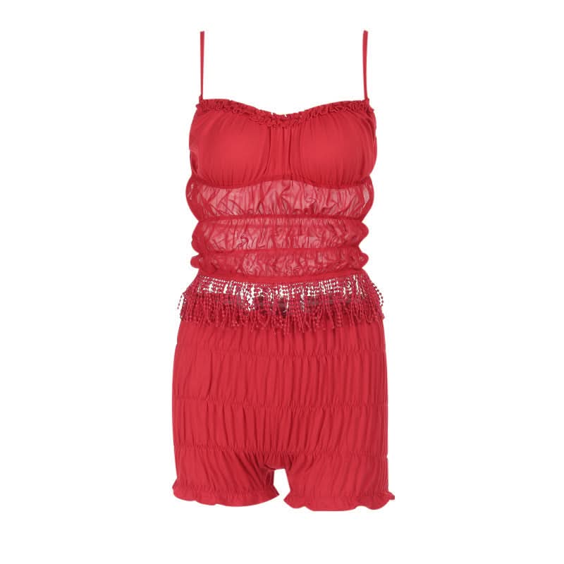 Ruffle ruched mesh tassels solid cami pant set